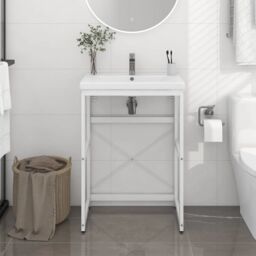 Berkfield Home Bathroom Washbasin Frame White 59x38x83 cm Iron - Size: 59 x 38 x 83 cm - thumbnail 1