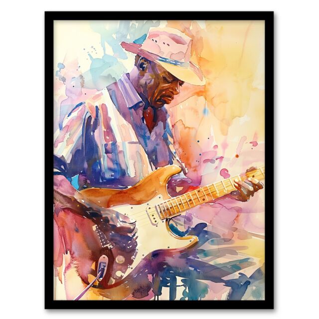 "Artery8 Electric Guitarist Music Portrait Watercolour Framed Art Print in Orange - Size: W12"" x H16""" - image 1