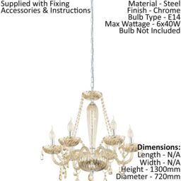 Loops Pendant Ceiling Light Colour Chrome Shade CognacColoured Glass Bulb E14 6x40W in Clear - thumbnail 2