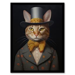 Artery8 Wall Art Print Mr Buttons Oil Painting Tan Grey Cream Elegant Cat Portrait with Bow Tie & Top Hat Artwork Framed - Size: A4 - thumbnail 1