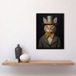 Artery8 Wall Art Print Mr Buttons Oil Painting Tan Grey Cream Elegant Cat Portrait with Bow Tie & Top Hat Artwork Framed - Size: A4 - thumbnail 4