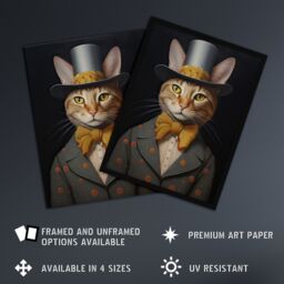 Artery8 Wall Art Print Mr Buttons Oil Painting Tan Grey Cream Elegant Cat Portrait with Bow Tie & Top Hat Artwork Framed - Size: A4 - thumbnail 2