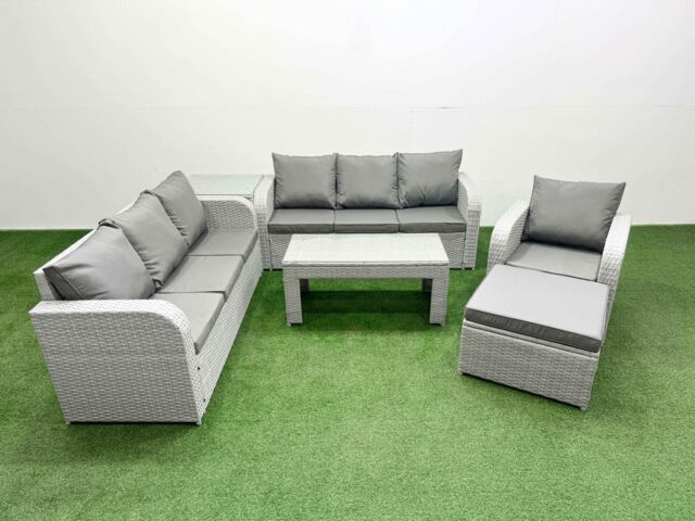 Fimous 8 Seater Poly Rattan Outdoor Garden Furniture Oblong Coffee Table Sofa Set Patio 3 Seater Sofa Reclining Chair 3 Seater Sofa Big Footstool - image 1
