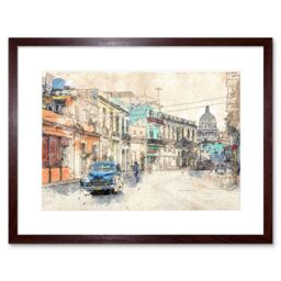 "Artery8 Wall Art Print Havana Cuba Street Painting Sketch Framed in Brown - Size: W7"" x H9""" - thumbnail 1