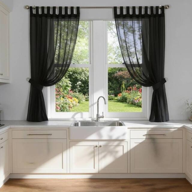 Luxury Living Voile Tab Top Curtain Pair with Crystal Tie Backs Sheer Window Panels in Black - Size: 145 cm width x 137 cm drop - image 1