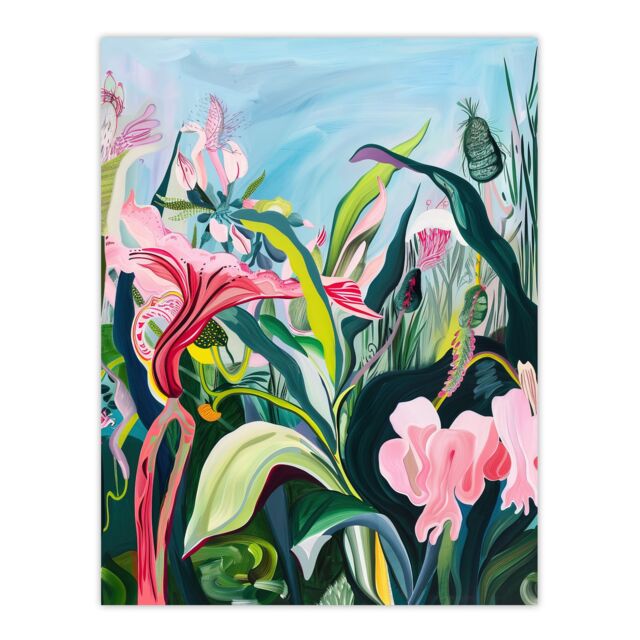 "Artery8 Trippy Exotic Wildflower Garden Painting Tropical Wall Art Print in Green - Size: W24"" x H32""" - image 1