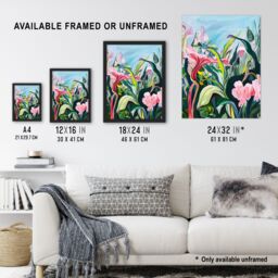 "Artery8 Trippy Exotic Wildflower Garden Painting Tropical Wall Art Print in Green - Size: W24"" x H32""" - thumbnail 3