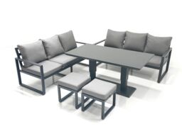 Fimous 8 Seater Aluminium Outdoor Garden Furniture Set with Adjustable Rising Lifting Dining Table 3 Seater Sofa 2 Small Footstool Dark Grey - thumbnail 2