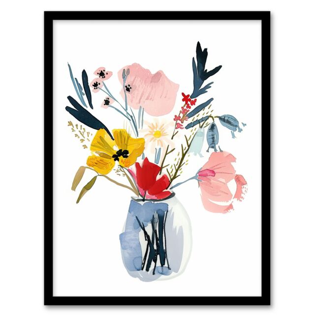 Artery8 Spring Wildflower Bouquet in Vase Watercolour Framed Art Print - Size: A4 - image 1