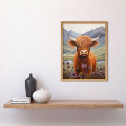 "Artery8 Wall Art Print Kids Bedroom Nursery Artwork Highland Calf Cow in Heather & Cornflower Glen Scotland Art Framed - Size: W12"" x H16""" - thumbnail 2