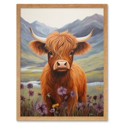 "Artery8 Wall Art Print Kids Bedroom Nursery Artwork Highland Calf Cow in Heather & Cornflower Glen Scotland Art Framed - Size: W12"" x H16""" - thumbnail 1