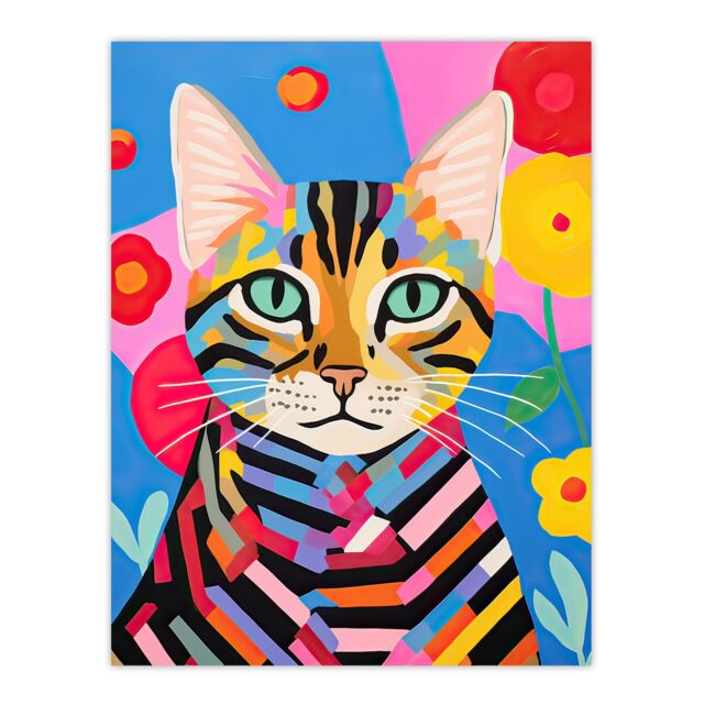 "Artery8 Wall Art Print Abstract Stripey Cat Vibrant Oil Painting Bright Floral Pet Portrait Kids Bedroom Poster - Size: W18"" x H24""" - image 1