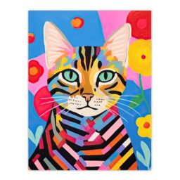 "Artery8 Wall Art Print Abstract Stripey Cat Vibrant Oil Painting Bright Floral Pet Portrait Kids Bedroom Poster - Size: W18"" x H24""" - thumbnail 1