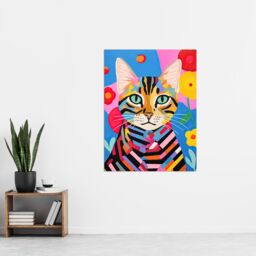 "Artery8 Wall Art Print Abstract Stripey Cat Vibrant Oil Painting Bright Floral Pet Portrait Kids Bedroom Poster - Size: W18"" x H24""" - thumbnail 4