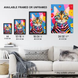"Artery8 Wall Art Print Abstract Stripey Cat Vibrant Oil Painting Bright Floral Pet Portrait Kids Bedroom Poster - Size: W18"" x H24""" - thumbnail 3