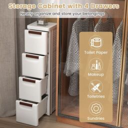 Costway Narrow Storage Cabinet For Small Space 4-Drawer Rolling Organizer Unit in White - thumbnail 6