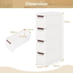 Costway Narrow Storage Cabinet For Small Space 4-Drawer Rolling Organizer Unit in White - thumbnail 2