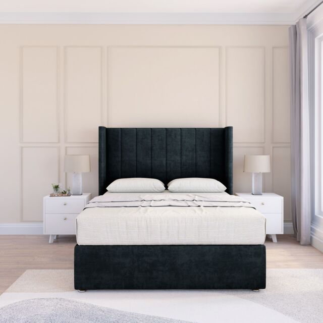 "Sloomy Falcon Naples Wingback Bed Set, No Drawers & 54"" Floor Standing Headboard in Black - Size: Single" - image 1