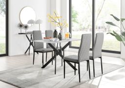 FurnitureboxUK Leonardo White Glass Marble Effect Black Leg Table & 4 Milan Black Leg Chairs in Grey