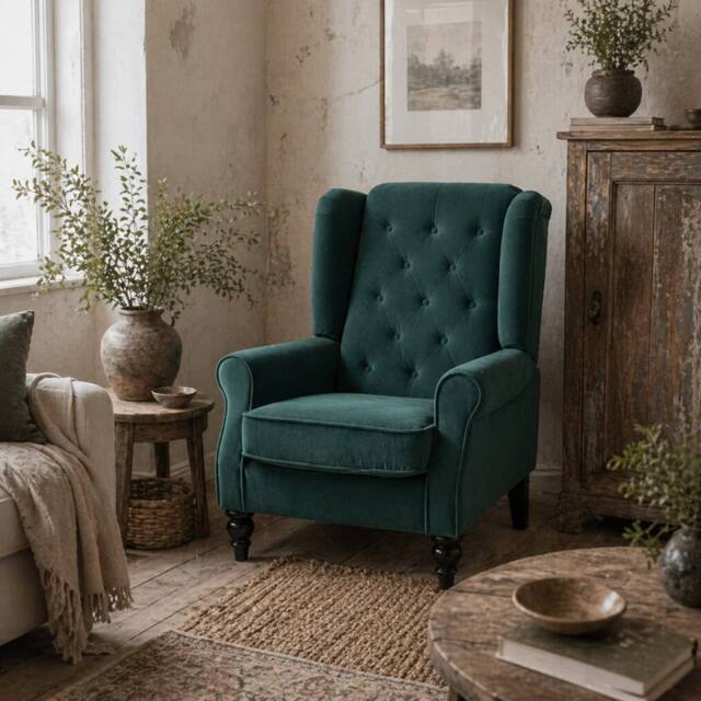 Wyld Haus Dona Green Velvet Feel Wingback Accent Armchair Diamond Button Tufted - image 1