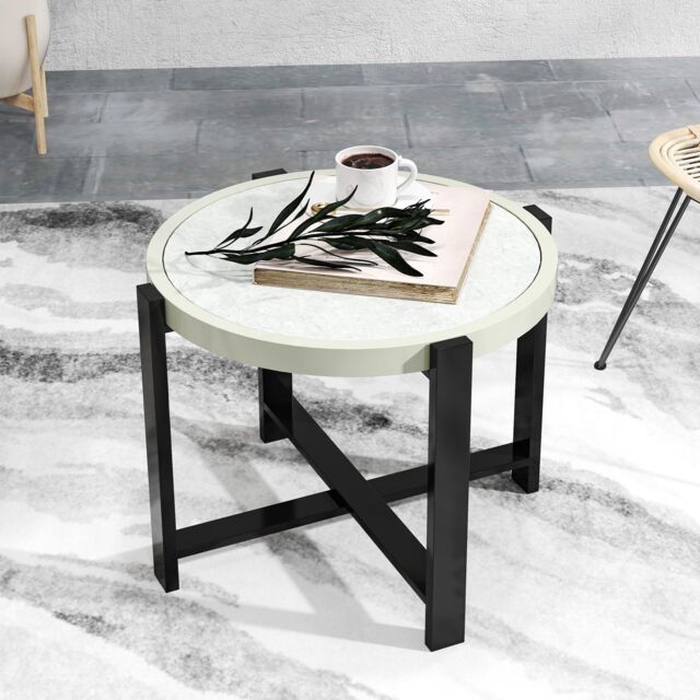 OUTSUNNY Round Small Garden Table with Faux Marble Glass Top, Light Grey - image 1