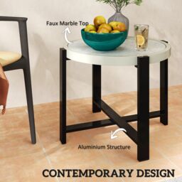 OUTSUNNY Round Small Garden Table with Faux Marble Glass Top, Light Grey - thumbnail 4