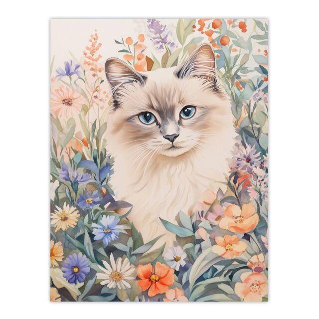 "Artery8 Ragdoll Cat Lover Floral Pet Portrait Watercolour Wall Art Print - Size: W24"" x H32""" - image 1