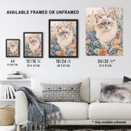 "Artery8 Ragdoll Cat Lover Floral Pet Portrait Watercolour Wall Art Print - Size: W24"" x H32""" - thumbnail 3