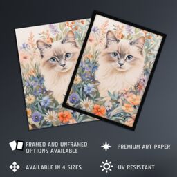 "Artery8 Ragdoll Cat Lover Floral Pet Portrait Watercolour Wall Art Print - Size: W24"" x H32""" - thumbnail 2