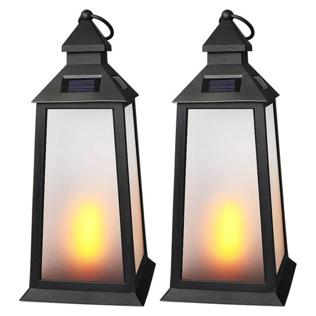 Bright Zeal 2PCS 36cm Black Solar Vintage Lanterns, Flickering LED Flame &Glass - image 1