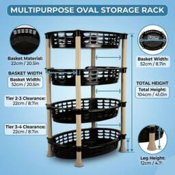 Bedsland 4 Tier Oval Vegetable Rack Strong Kitchen Storage Basket Stand in Black - thumbnail 4