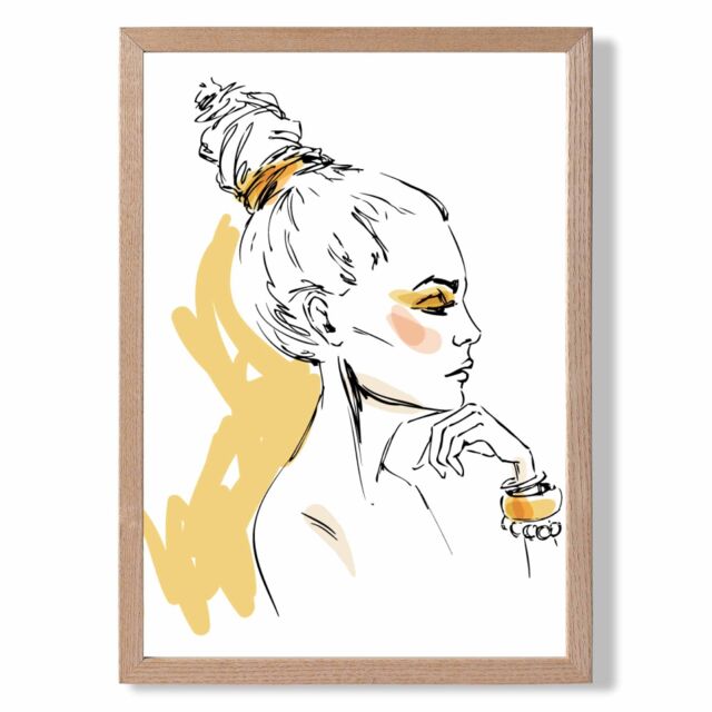 ARTZE Girl Fashion Pen & Ink Sketch Framed Print SIZE: A4 with Oak Frame in Yellow - image 1