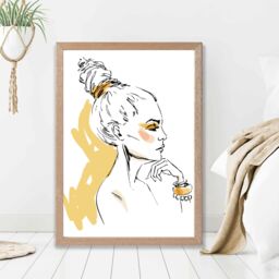 ARTZE Girl Fashion Pen & Ink Sketch Framed Print SIZE: A4 with Oak Frame in Yellow - thumbnail 2
