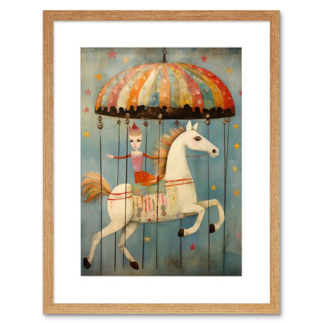"Artery8 Wall Art Print Folk Art Whimsical Carousel Fairground Kids Girls Bedroom Artwork Soft Pastel Horse Artwork Framed 9X7 Inch - Size: W7"" x H9""" - image 1