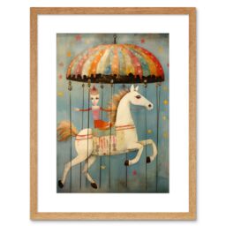"Artery8 Wall Art Print Folk Art Whimsical Carousel Fairground Kids Girls Bedroom Artwork Soft Pastel Horse Artwork Framed 9X7 Inch - Size: W7"" x H9""" - thumbnail 1
