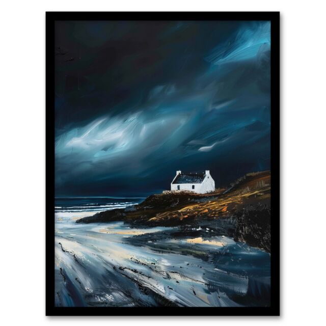 "Artery8 Scottish Isle Cottage Oil Painting Stormy Coastal Framed Art Print in Blue - Size: W12"" x H16""" - image 1