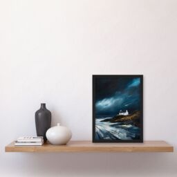 "Artery8 Scottish Isle Cottage Oil Painting Stormy Coastal Framed Art Print in Blue - Size: W12"" x H16""" - thumbnail 4