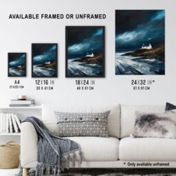 "Artery8 Scottish Isle Cottage Oil Painting Stormy Coastal Framed Art Print in Blue - Size: W12"" x H16""" - thumbnail 3