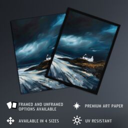 "Artery8 Scottish Isle Cottage Oil Painting Stormy Coastal Framed Art Print in Blue - Size: W12"" x H16""" - thumbnail 2