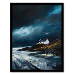 "Artery8 Scottish Isle Cottage Oil Painting Stormy Coastal Framed Art Print in Blue - Size: W12"" x H16""" - thumbnail 1