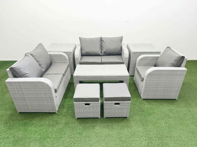 Fimous High Back Poly Rattan Garden Furniture Set w/ Reclining Chair Loveseat Sofa Oblong Coffee Table Indoor Outdoor Patio Set 2 Stool 2 Side Table - image 1