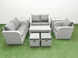 Fimous High Back Poly Rattan Garden Furniture Set w/ Reclining Chair Loveseat Sofa Oblong Coffee Table Indoor Outdoor Patio Set 2 Stool 2 Side Table - thumbnail 1