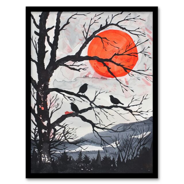 "Artery8 Red Winter Sun & Birds on Forest Tree Landscape Framed Wall Art in Orange - Size: W12"" x H16""" - image 1