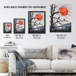 "Artery8 Red Winter Sun & Birds on Forest Tree Landscape Framed Wall Art in Orange - Size: W12"" x H16""" - thumbnail 3