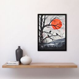 "Artery8 Red Winter Sun & Birds on Forest Tree Landscape Framed Wall Art in Orange - Size: W12"" x H16""" - thumbnail 4