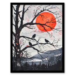 "Artery8 Red Winter Sun & Birds on Forest Tree Landscape Framed Wall Art in Orange - Size: W12"" x H16""" - thumbnail 1