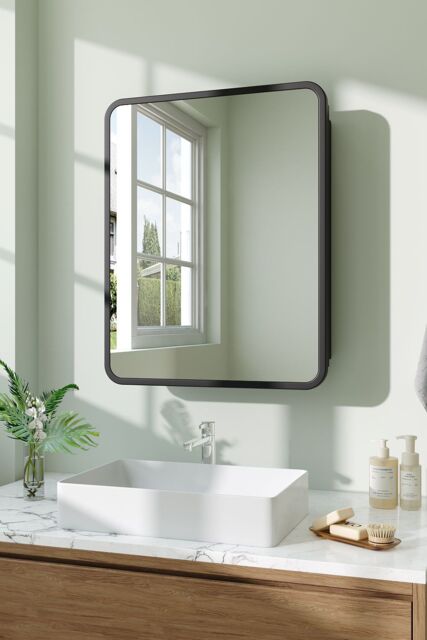 Living and Home Surface Mount Bathroom Storage Mirror Cabinet with Round Corner in Black - image 1