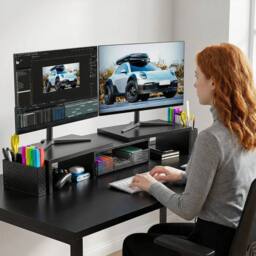 SPETLEK Dual Monitor Stand 2 Shelves Desk Riser Organizer Black - Size: 0.6m2 - thumbnail 3
