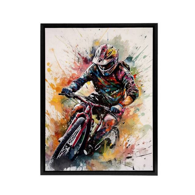 "Artery8 Mountain Biker Action Shot Paint Splatter Framed Canvas Wall Art Print - Size: W12"" x H16""" - image 1
