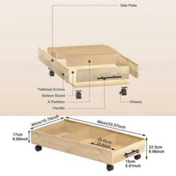 VOGREX Wheeled Wooden Underbed Storage Crate with Acrylic Lid in Beige - thumbnail 2